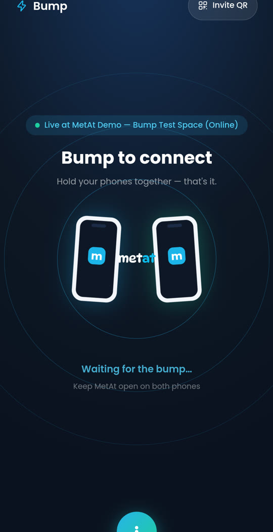 The Bump screen in the MetAt app: two phones held together to connect
