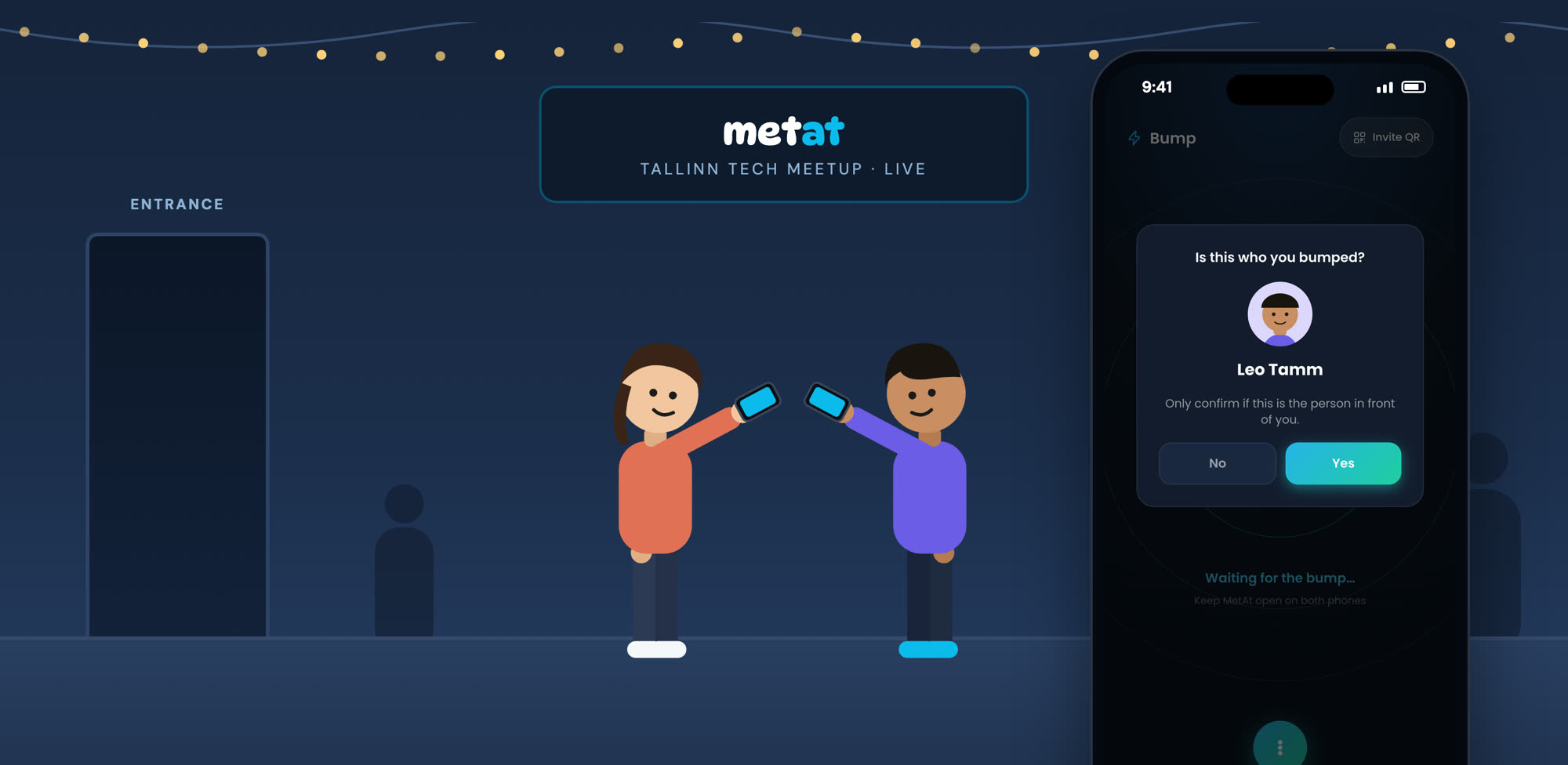 Illustration: two people at a Tallinn tech meetup hold their phones out to each other; the MetAt app asks one of them to confirm the other is Leo Tamm