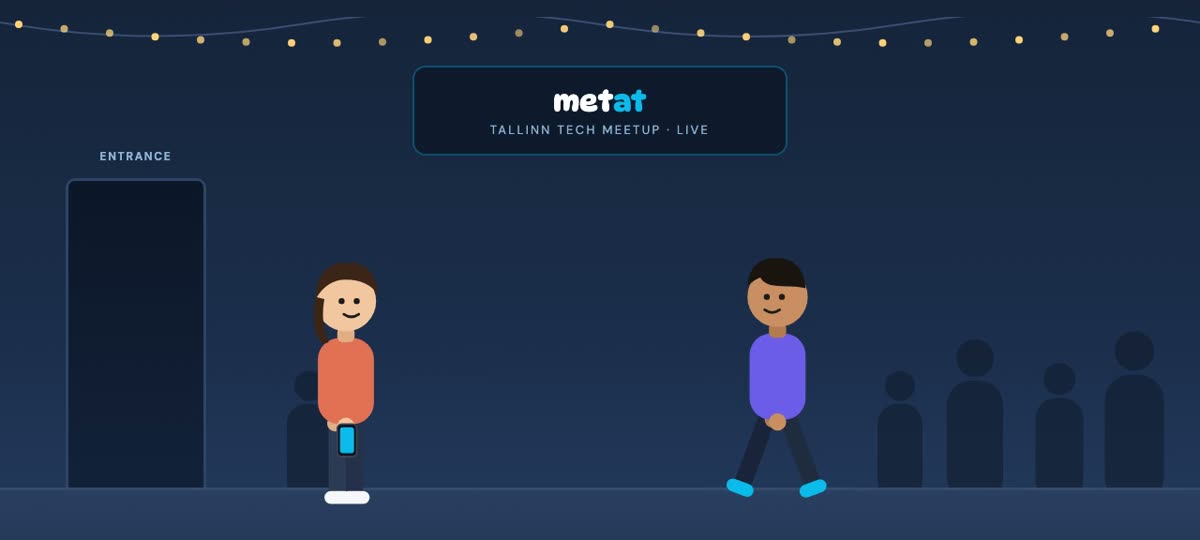Illustration: two people walk towards each other at a Tallinn tech meetup