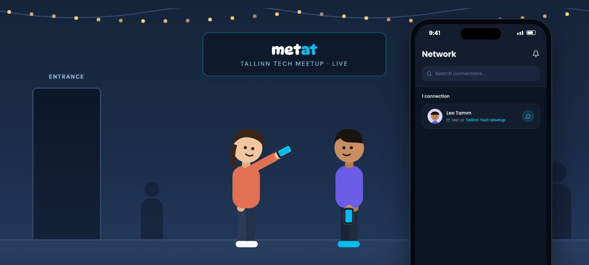 Illustration: the new contact appears in the MetAt app's Network list, tagged with the meetup